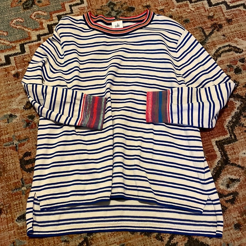 Cabi Cadet Sweater, blue and white stripe with funky color accents